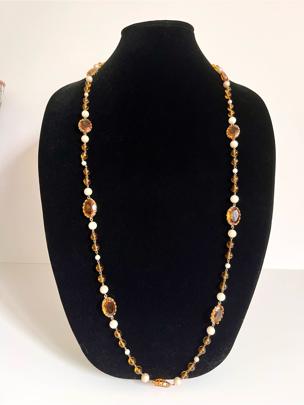 Vintage Style Long Beaded Necklace – Amber-Tone & Faux Pearl Statement